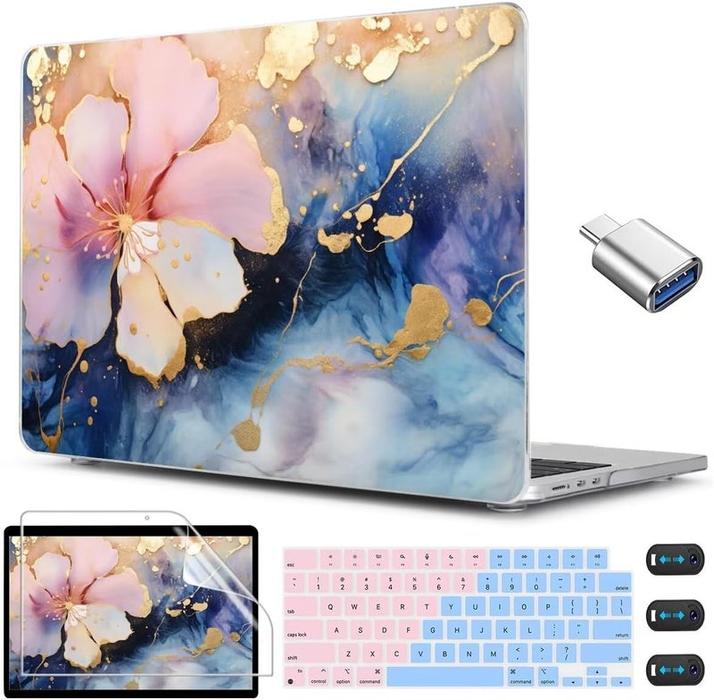 CISSOOK Compatible with MacBook Air 13.6 inch Case M2 M3 M4 Release 2025 2024 2023 2022, Plastic Hard Shell Case Keyboard Cover Screen Film for MacBook Air 13 inch A3240 A3113 A2681, Marble Flower - Image 1